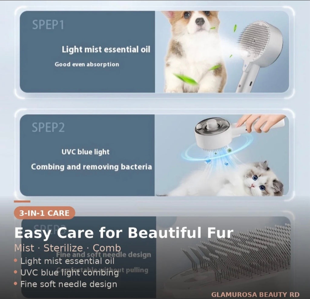 Pet Spray Massage Comb — 3-in-1 UV Antibacterial Grooming Brush for Dogs & Cats
